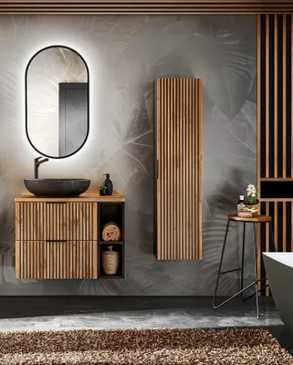 Produktbild von Design Badmöbel Set XILO 80 cm mit Waschbecken schwarz LED Soft-Close Waschtisch Spiegel Hochschrank