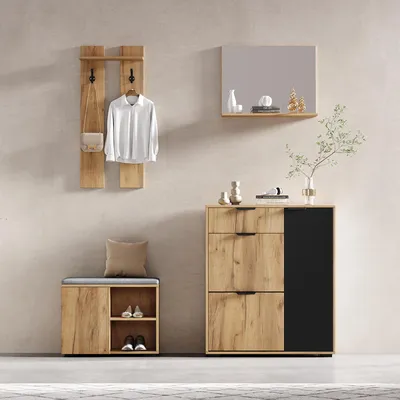 Immagine prodotto di Set completo per l'ingresso Flieks, con scaffale per scarpe e armadietto, 1 specchio, 1 cassetto, 2 ganci, 4 ante. Set per l'ingresso e il corridoio, colore: naturale e nero