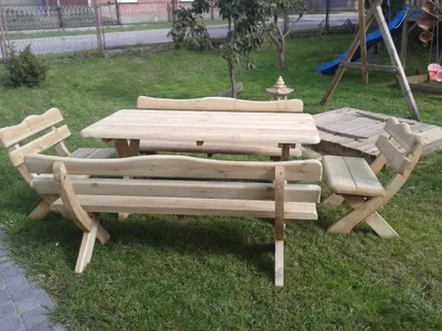 Produktbild von Holz-Gartenmöbel Set – Tisch 170cm  + 2 Bänke 170cm und 2 kleinere Bänke 90 cm , Naturholz