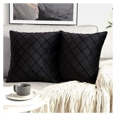 Produktbild von 2er Set Samt Kissenbezug Gitter Sofakissen Dekokissen Kissenhülle Couchkissen Samtkissen Weich Einfarbig Zierkissen ohne Füllung 45x45cm Schwarz