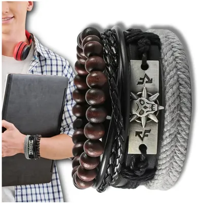 Produktbild von EDIBAZZAR | Set Herren-Lederarmbänder mit Perlen und Totenkopf