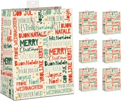 Produktbild von GREENLINE Geschenktaschen Weihnachten 6 Stück Large 26x32x12cm Geschenktüten edle Zuckerrohrpapier Tragetasche 100% Baumfrei A4 Geschenkbeutel mit Baumwollkordel und Namenskarte (Merry Christmas)