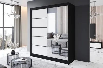 Produktbild von Easy4You P3 180 cm Schwarz/Weiß Schiebetüren Kleiderschrank 180x215x58 cm mit Spiegel - Schlafzimmermöbel, Aufbewahrung - Mehrzweckschrank