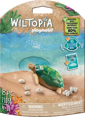 The image shows the packaging for a Playmobil Wiltopia toy set featuring a giant turtle.