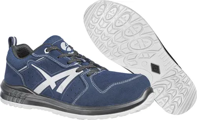A pair of blue safety shoes, with one shoe shown from the side and the sole of the other shoe shown from underneath.