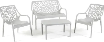 Immagine prodotto di Set da giardino con divanetto a due posti, 2 poltrone e tavolo in resina rinforzata con fibra di vetro – design moderno, robusto e impermeabile, ideale per giardino, terrazza e veranda – MARATEA – Grigio chiaro