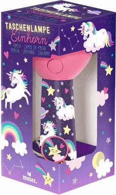 A product box for a unicorn-themed flashlight, featuring illustrations of unicorns, stars, and rainbows.