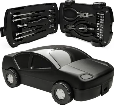 A black car-shaped toolbox is shown with the lid open, revealing tools inside.