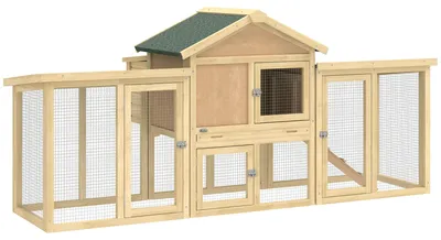Produktbild von Hühnerstall Hühnerhaus aus Holz mit Nistkasten, wasserdichtem Dach, Sitzstange, Auslauf, Rampe, 204x85x93 cm Naturholz