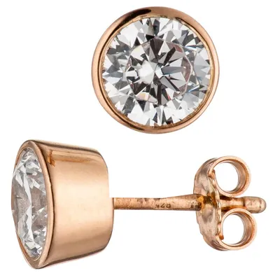 Produktbild von Solitär Ohrstecker mit Zirkonia weiß rund 925 Silber rotgold vergoldet Ohrschmuck