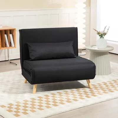 Zdjęcie produktu dla HOMCOM Sofa rozkładana pojedyncza sofa rozkładana sofa składana regulowane oparcie leżak nordycki skandynawski 25D pianka len imitacja drewna jodłowego czarny 94 x 78 x 80 cm
