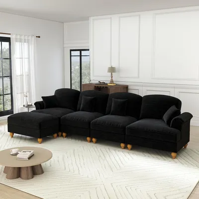 Produktbild von Modulares L-förmiges 4-Sitzer Sofa mit Hocker und Rüschenschürze 350 cm Chenille Schwarz