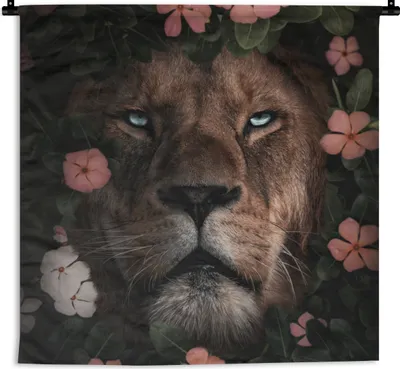 Produktbild von MuchoWow® Wandteppich Wandbehang Blumen - Dschungel - Löwe 150x150 cm Tapisserie Dekoration Wandtuch - Wohnaccessoires - Modernes