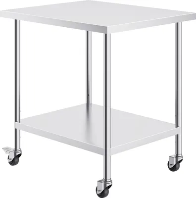 Produktbild von SucceBuy Arbeitstisch aus Edelstahl, 76,2 x 91,4 x 96,5 cm, 4 Räder, 3 einstellbare Höhenstufen, robuster Lebensmittelzubereitungstisch für Großküchen, Restaurants, Silber