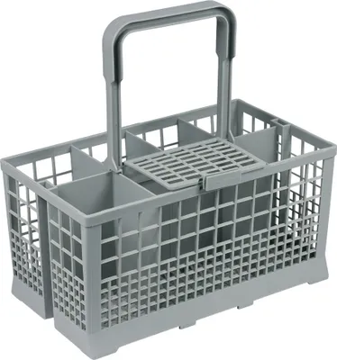 A gray plastic dishwasher cutlery basket with a handle.
