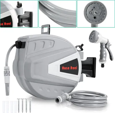 Produktbild von Jayseuw Schlauchtrommel mit 30 m Wasserschlauch und Multifunktionsbrause - Schlauchaufroller mit Wandhalterung, Düse – Grau