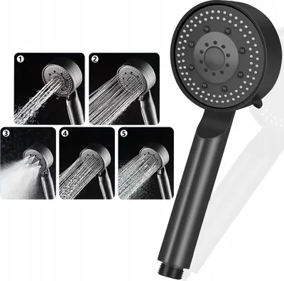 Produktbild von Moderner schwarzer Duschkopf, 5 Strahlarten, verstellbar, Hochdruck, wassersparend, Massagefunktion