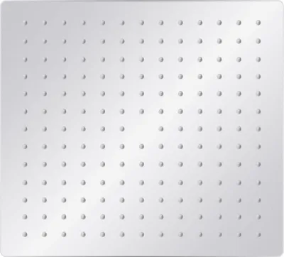A close-up, top-down view of a square stainless steel showerhead with multiple small water jets.