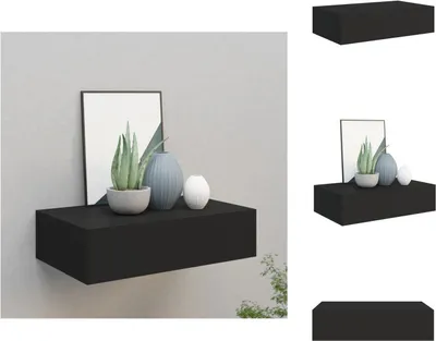 A black floating shelf mounted on a light gray wall, decorated with a framed picture, a potted plant, and two vases.