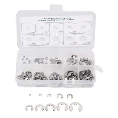 Immagine prodotto di gamma di rondelle E-Clip in acciaio inox da 120 pezzi per anelli di sicurezza esterni, anelli di sicurezza, da 1,5 mm a 10 mm