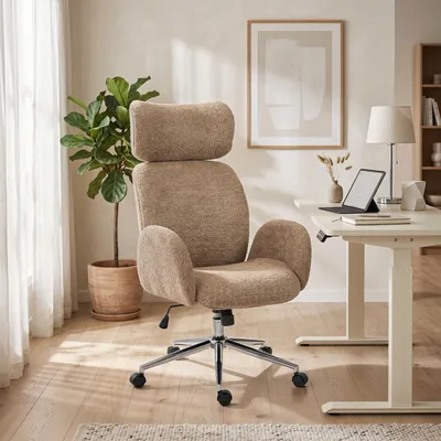 Produktbild von Bürostuhl ergonomisch mit verstellbarer Kopfstütze, Schreibtischstuhl, Kippfunktion, Polyester, Braun | 75 x 65 x 123 cm | 20 kg