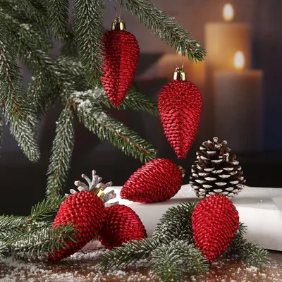 Produktbild von Christbaumschmuck ZAPFEN - Weihnachtsbaumschmuck - bruchfest - glitzernd - H: 8cm - rot - 6er Set