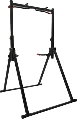 A black pull-up bar with adjustable height and a sturdy base, photographed against a white background.