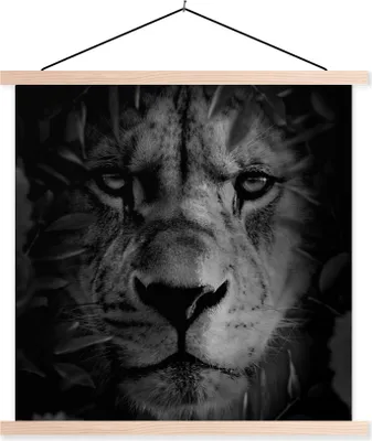 Produktbild von MuchoWow® Textilposter Tiere - Löwe - Natur - Schwarz - Weiß 40x40 cm mit holzfarbenen Rahmen - Posterleiste