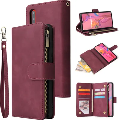 Produktbild von Für HUAWEI P30 lite pro Multi-Karten-Halterung Münze Geldbörse Reißverschluss Handy Kunstleder Case 5 Wein rot