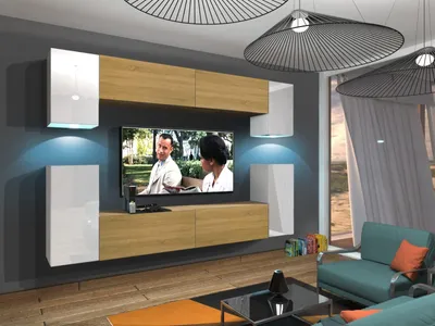 Produktbild von Furnitech Wohnwand Wohnzimmer - Wohnzimmer Möbel mit LED Blau - Hängend Wohnwand Modern - Regale und TV Schrank (Rodos AN43-17WD-HGM53 1A)