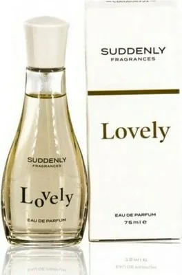 A bottle of "Lovely" Eau de Parfum by Suddenly Fragrances and its packaging.