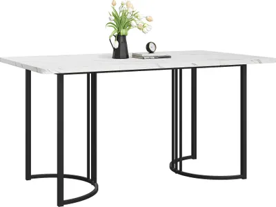 Immagine prodotto di Sweiko 140 x 80cm tavolo da pranzo, (1-St), tavolo da cucina moderno, struttura in metallo tavolo da pranzo rettangolare in marmo moderno tavolo da cucina con gambe regolabili per sala da pranzo soggiorno, bianco / nero