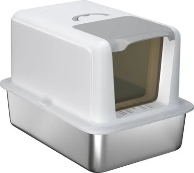 Produktbild von Katzenklo, Katzentoilette mit Deckel, Wanne aus Edelstahl, eingebauter Streufilter, inklusive Streuschaufel, für Katzen bis 6 kg, Weiß