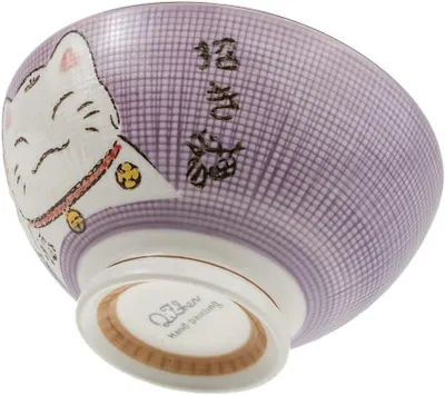 Produktbild von Große japanische Ramenschale im Farbton Mauve, ⌀ 17,5 cm, 1000 ml – Katze Maneki Neko, Reisschale für Frühstück und Suppe, asiatische und japanische Dekoration, Geschenkidee im japanischen Stil