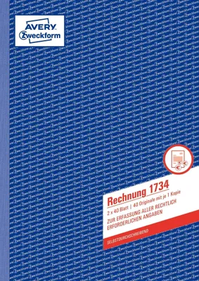 Immagine prodotto di Avery Zweckform® 1734 1734 Fattura, DIN A4, autocopiante, 2 x 40 fogli, bianco/giallo