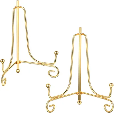 Productafbeelding van 2 stuks ijzeren bordenstandaard, 15 cm, kleine standaard, tafelezel, goudkleurig, metalen plaathouder, display, bordenhouder, inklapbaar