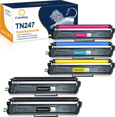 A set of compatible toner cartridges and their packaging.