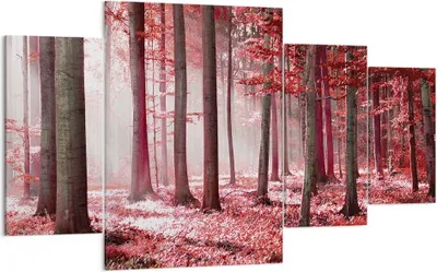 Produktbild von Bild auf Leinwand - Leinwandbild - 4 Teile - Wald Rot Bäume - 160x90cm - Wand Bild - Wanddeko - Wandbilder - Leinwanddruck - Bilder - Wanddekoration - Leinwand bilder - Wandbild - DL160x90-4944