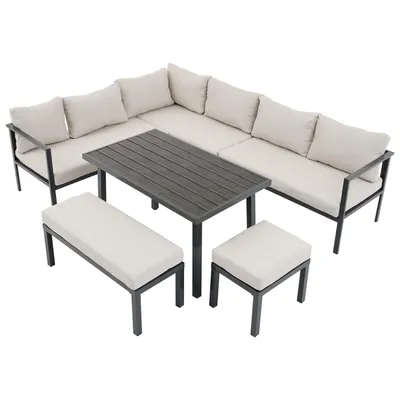 Produktbild von Garten-Essgruppe,Gartenmöbel-Set,9 Personen, Eckstellung,verzinktes Stahlrohr,Tischplatte Kunststoff-Holz,Beinhaltet Esstische,Bänke,Stühle+Sofas