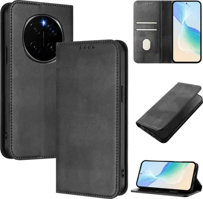 Image de Etui pour Honor Magic7, étui en cuir vintage avec protection RFID, fentes pour cartes, support Noir