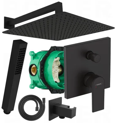 Produktbild von HANSGROHE VERNIS SHAPE Armatur + Ibox | BOFLER Unterputz Duschsystem #9, XXL Regendusche 40x40cm, Brausearm, Handbrause, Brauseset, matt schwarz