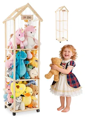 Image de Organisateur en bois à 3 niveaux pour peluches, avec roulettes