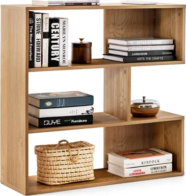 Image de COSTWAY Bibliothèque en bois, étagère sur pied avec 3 niveaux&protection contre le basculement, étagère de séparation de pièce, étagère de rangement pour salon, chambre à coucher, nature (B-Konkav)