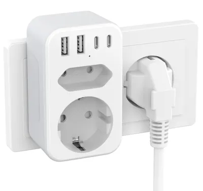 Obrázek produktu pro Zásuvková lišta s více zásuvkami, 1 zásuvka typu Schuko, 1 evropská zásuvka, 2 porty USB-A a 2 porty USB-C