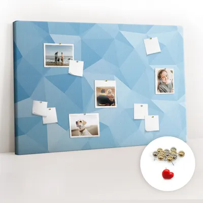 Obrázok produktu pre Korková tabuľa Tabuľa na poznámky Tabuľa na špendlíky - učebná pomôcka 120x80 cm - 100ks kovových   kolíkov - Trojuholníky abstraktné