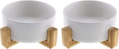 Produktbild von Famanu Keramische Futterschalen mit Bambusständer - 2 Stück, Weiß