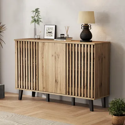 Produktbild von okwish Sideboard,Moderner Beistellschrank,Aufbewahrungsschrank mit 3-türiger breiter Schrank,mit 6 unterteilte Ablagefächer und PVC Haupttischbeinen,Holzfarbe+schwarz