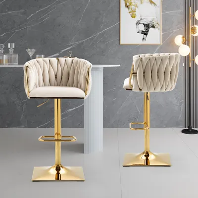 Produktbild von okwish Stuhl 2er-Set, Retro-Barhocker, bequemer Drehstuhl, hoher Theken-Esszimmerstuhl mit Rückenlehne und Fußstütze, Beige