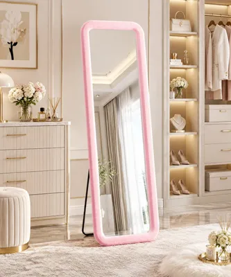 Obrázok produktu pre INONEFT HD – Zrkadlo na celé telo, 160 x 50 cm, štvorcové stojace zrkadlo s kovovou základňou, kozmetické zrkadlo z tvrdeného skla, vhodné do šatní, ružová farba, Obrázok generovaný UI