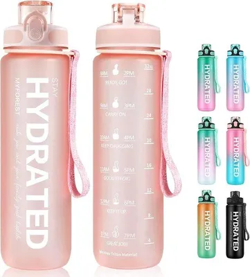 Produktbild von Famanu Trinkflasche 1 l BPA-frei mit Strohhalm und Zeitmarkierungen - für Sport, Camping, Kinder